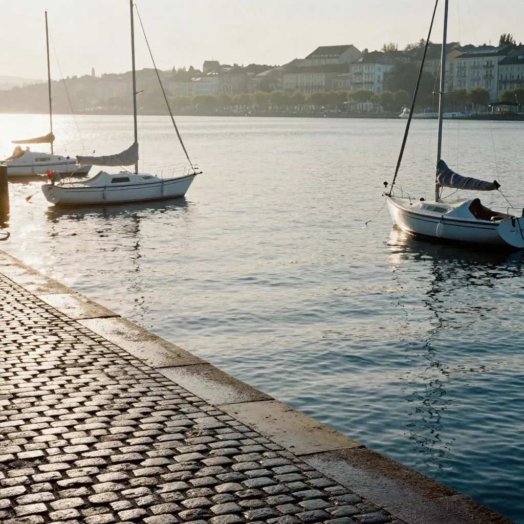 Blick über den Lindauer Hafen mit Booten, Wasser und Altstadtkante im Morgenlicht.