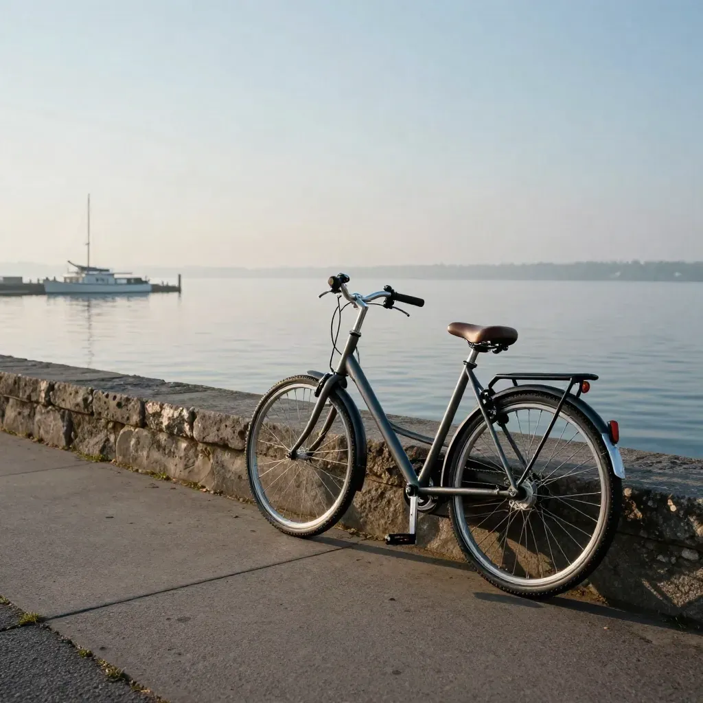 Abgestelltes Fahrrad am Seeufer mit unscharfer Haltestelle und klarem Horizont über dem Bodensee.